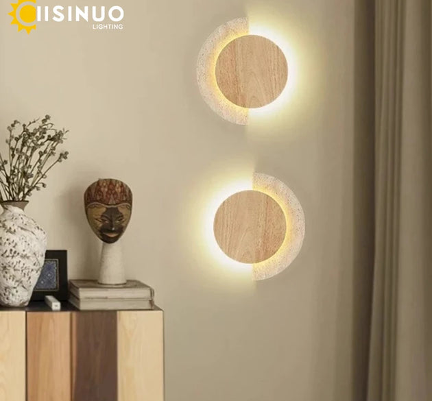 Wabi Sabi Style Yellow Travertine Stone Wall Light LED Round Bedside Lamp Wooden Decor for Home Living room Aisle Lobby Entrance