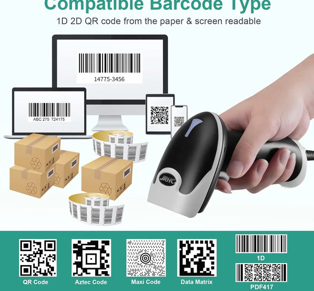 JRHC Handheld 2D Barcode Scanner USB QR Code Scanner Wired Automatic 1D 2D&PDF417 Data Matrix Bar Code Reader Plug and Play