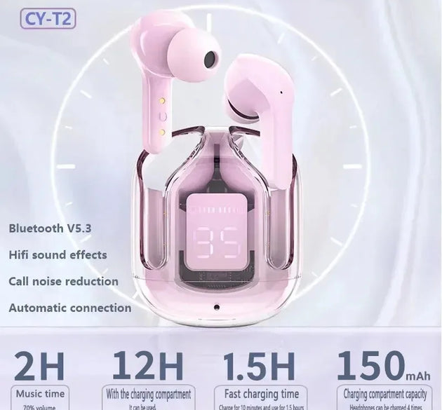 Original T2 Wireless Bluetooth Earphone Transparent HIFI Headphones LED Power Digital Display Stereo Sound Earphones for Xiaomi