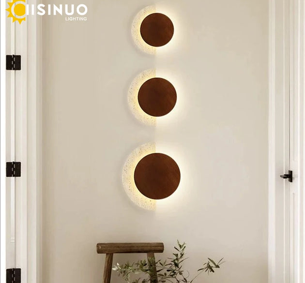 Wabi Sabi Style Yellow Travertine Stone Wall Light LED Round Bedside Lamp Wooden Decor for Home Living room Aisle Lobby Entrance