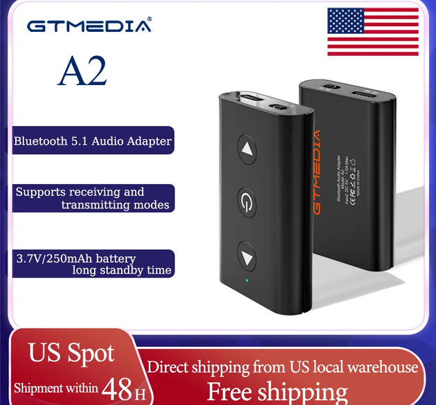 GTMEDIA A2 2-in-1 Bluetooth 5.1 Audio Adapter - Transmitter & Receiver, 10m Range, 4 - 6H Use, for Phones/TV/Car/Speakers