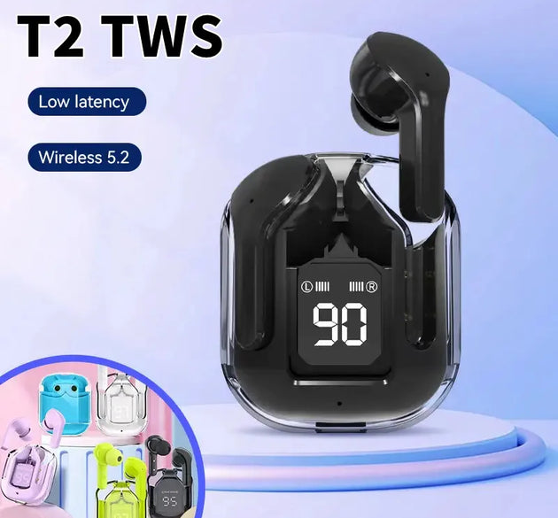 Original T2 Wireless Bluetooth Earphone Transparent HIFI Headphones LED Power Digital Display Stereo Sound Earphones for Xiaomi